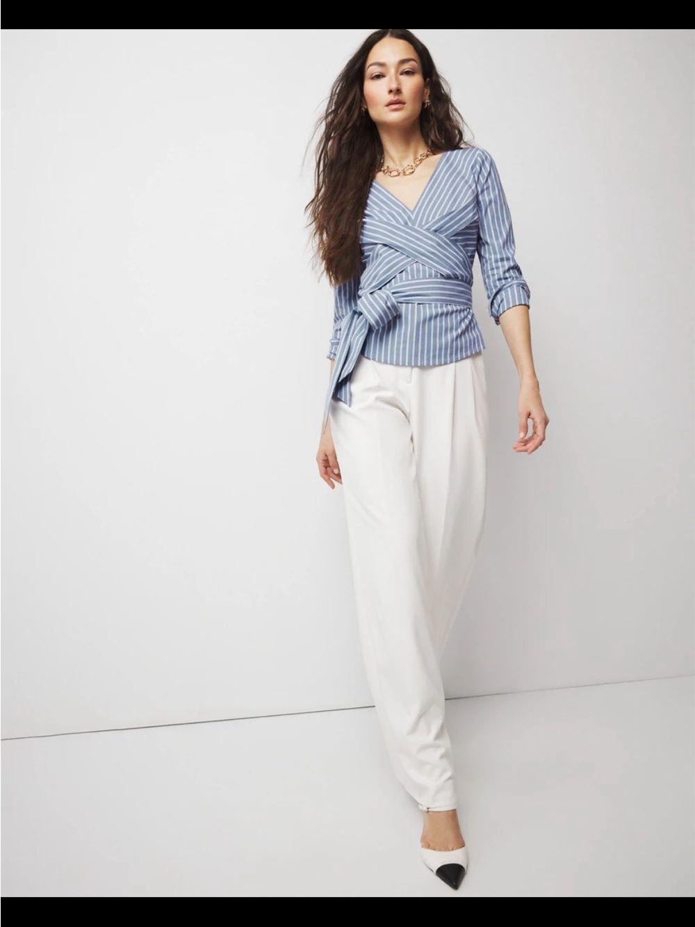 White House Black Market 10 Blue Stripe Twist Front Tie-Waist Blouse - Picture 3 of 6